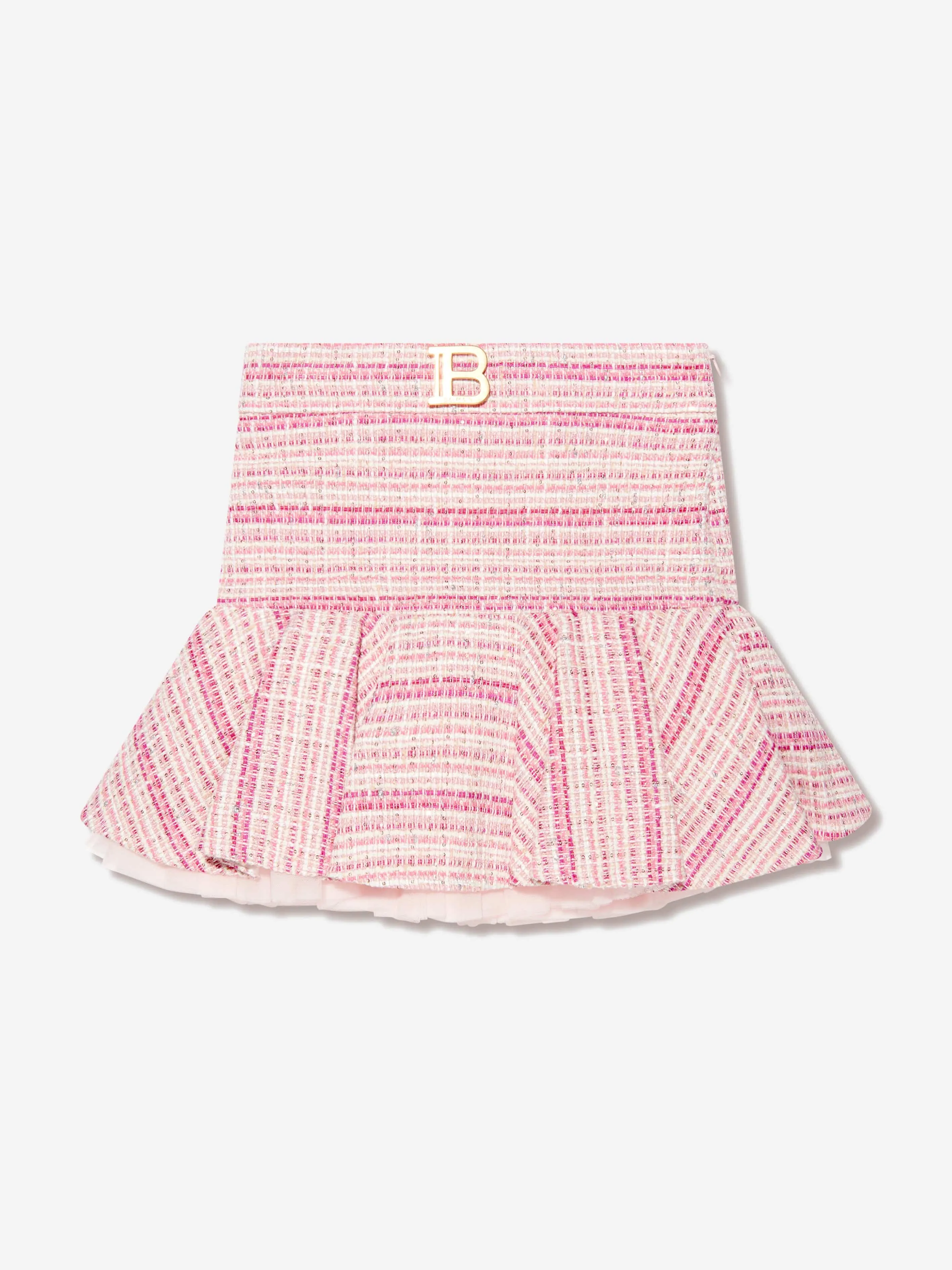 Balmain Girls Tweed Logo Skirt in Pink