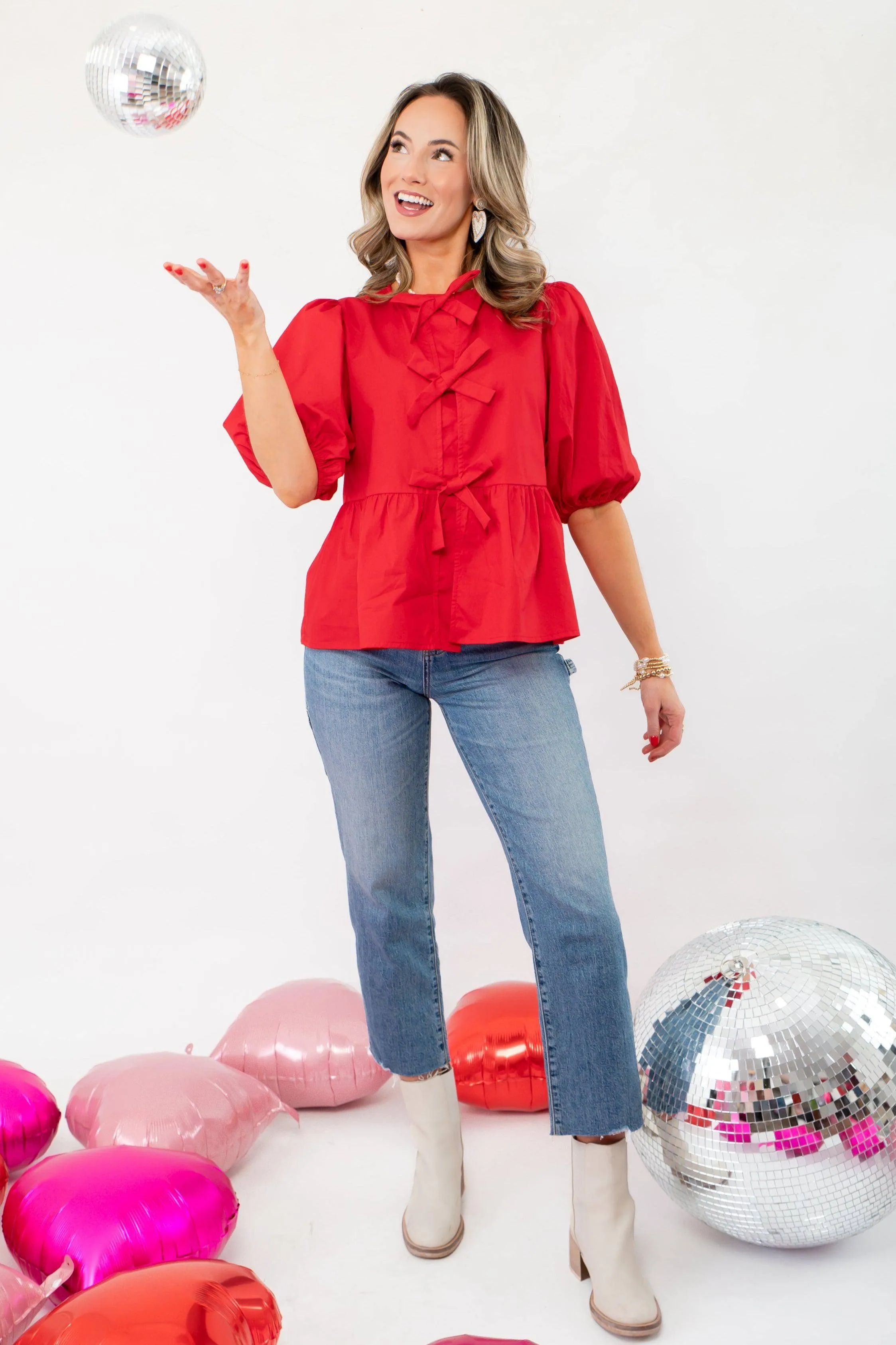 Better In Red Puff Sleeve Bow Front Blouse