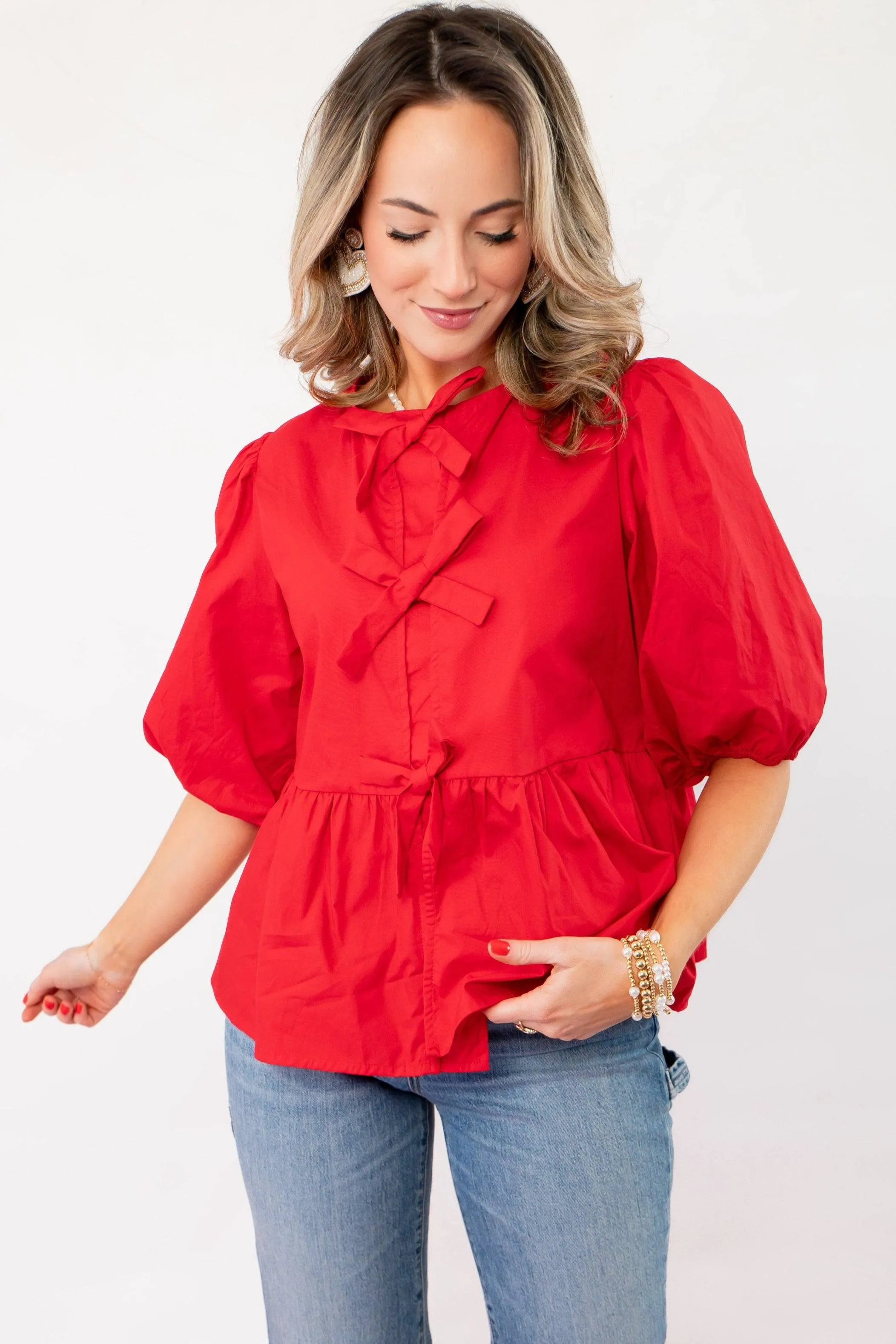 Better In Red Puff Sleeve Bow Front Blouse
