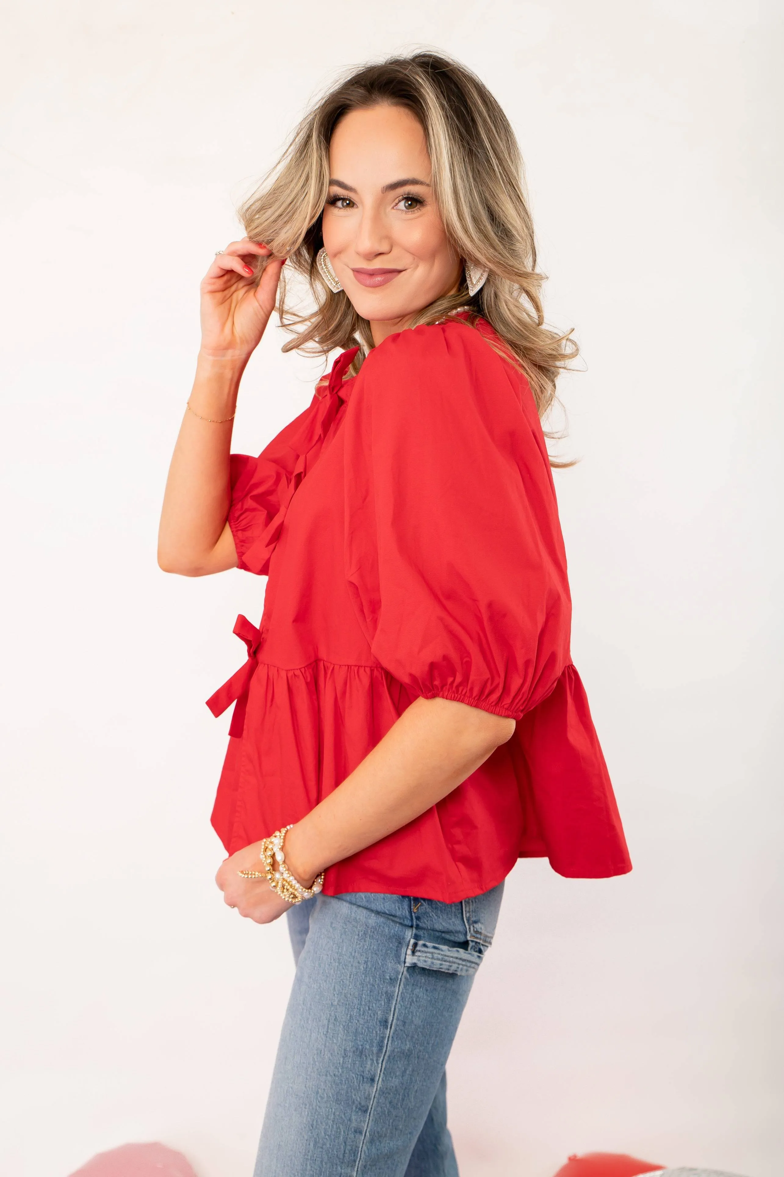 Better In Red Puff Sleeve Bow Front Blouse
