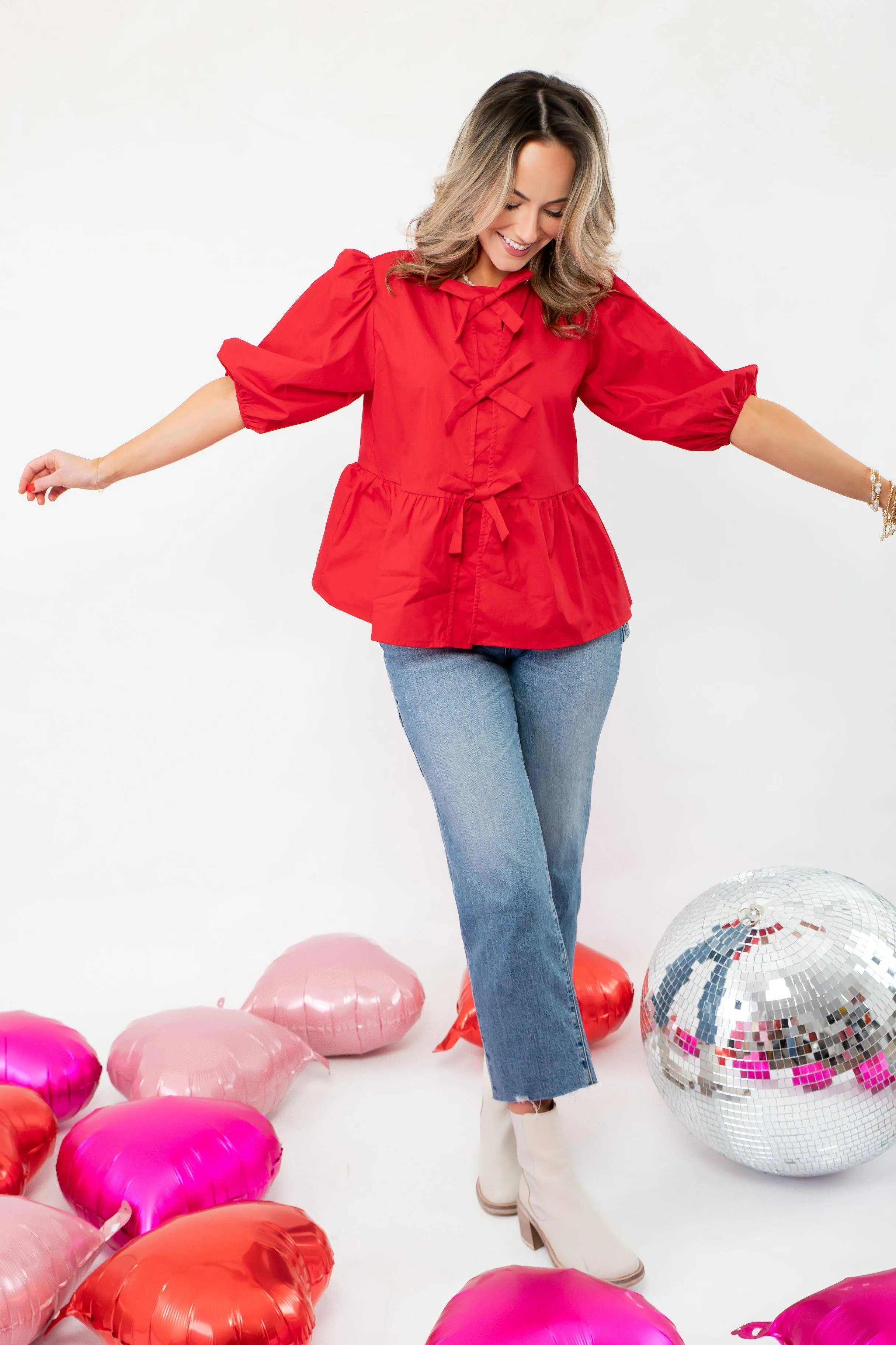 Better In Red Puff Sleeve Bow Front Blouse