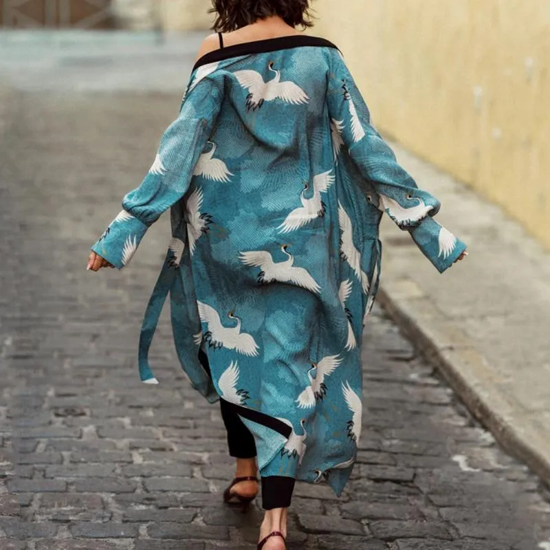Bird Print Long-Sleeve Kimono