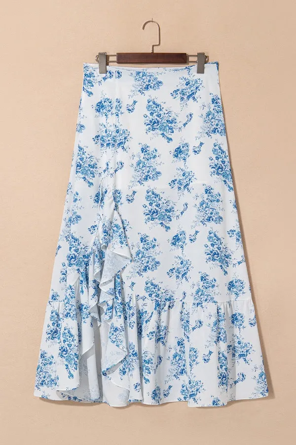 Blue & White Floral Ruffle Maxi Skirt