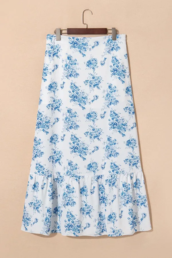 Blue & White Floral Ruffle Maxi Skirt
