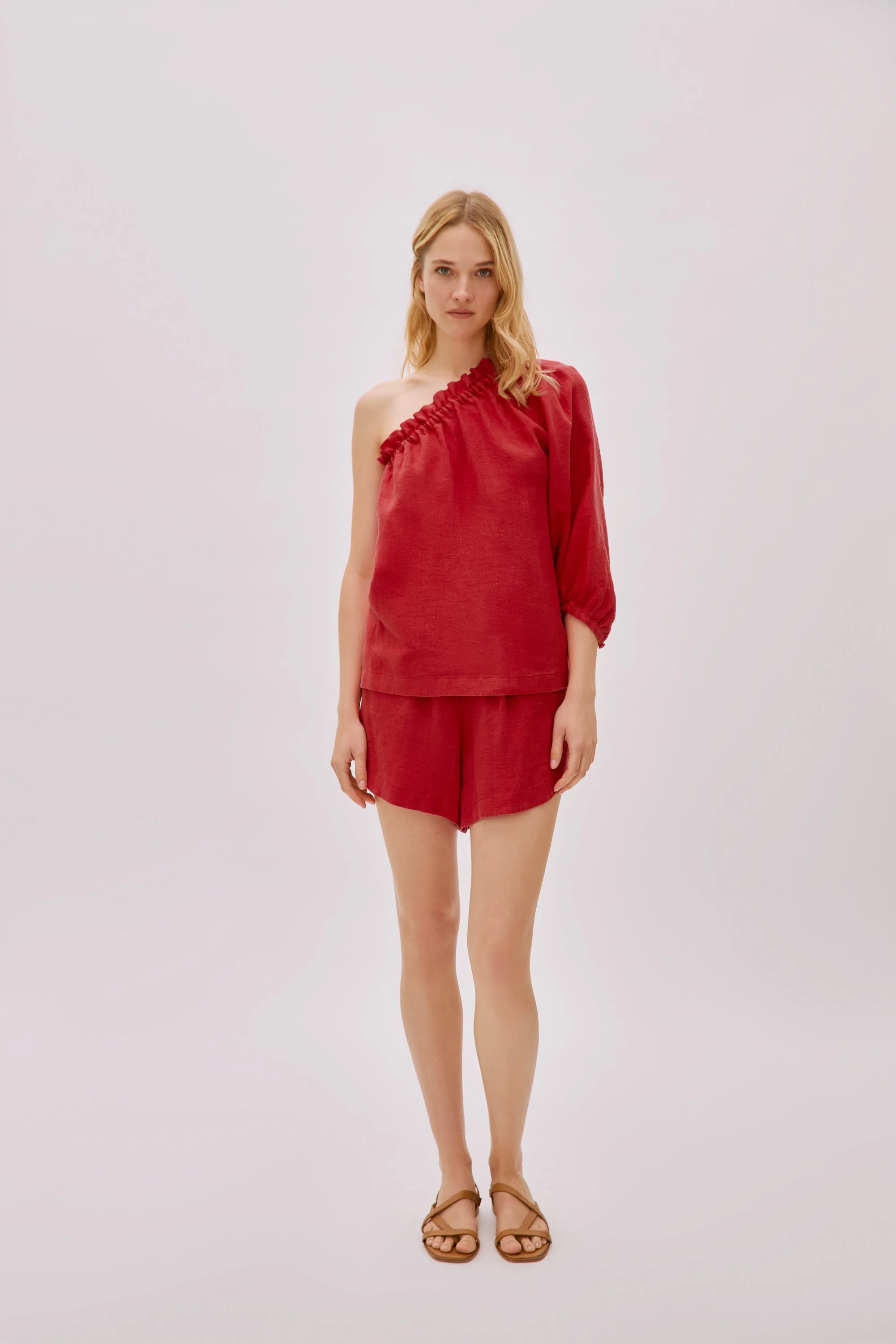 Capri Red Linen One Sleeve Top