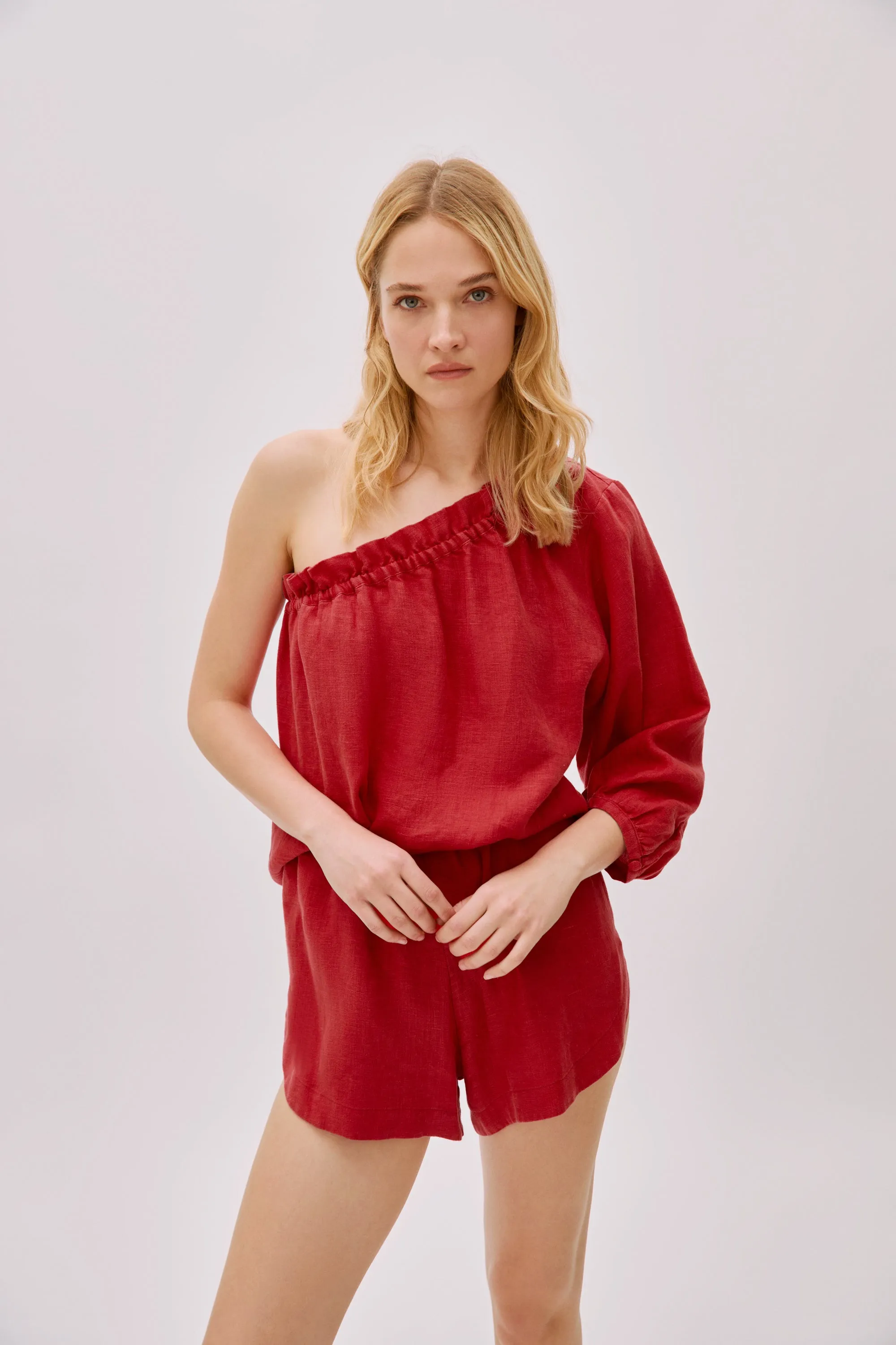 Capri Red Linen One Sleeve Top