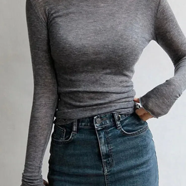 Chic Women's Thin Long Sleeve See-Through Cotton Blend T-Shirt - Casual & Stylish Basic Top