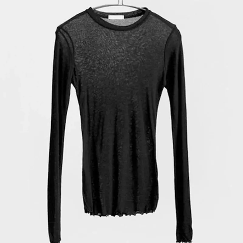 Chic Women's Thin Long Sleeve See-Through Cotton Blend T-Shirt - Casual & Stylish Basic Top