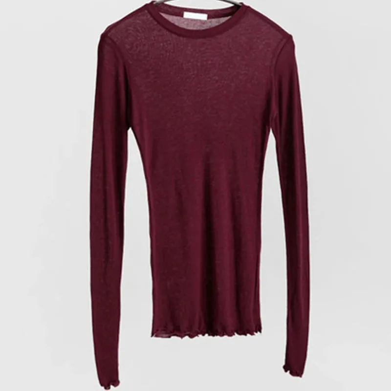 Chic Women's Thin Long Sleeve See-Through Cotton Blend T-Shirt - Casual & Stylish Basic Top