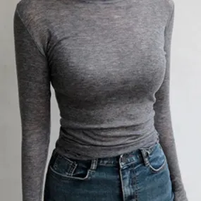 Chic Women's Thin Long Sleeve See-Through Cotton Blend T-Shirt - Casual & Stylish Basic Top