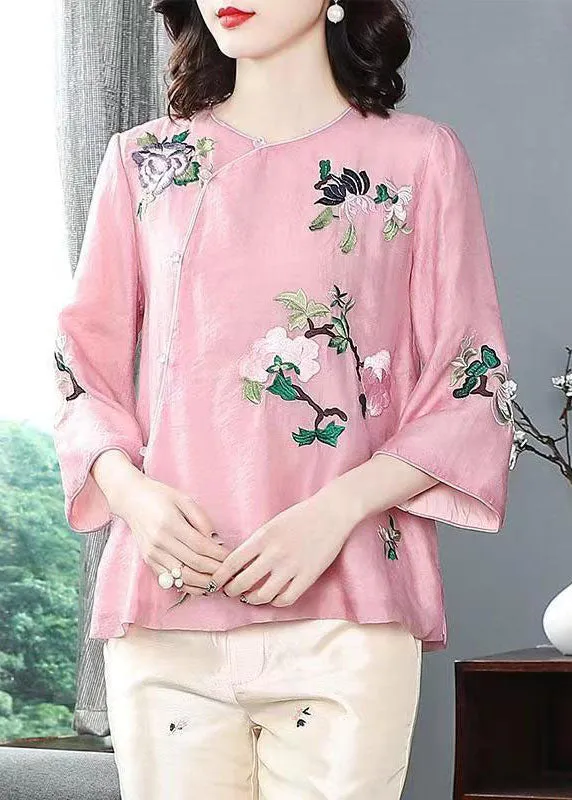 Chinese Style Pink Embroideried Patchwork Chiffon Tops Spring LY6906