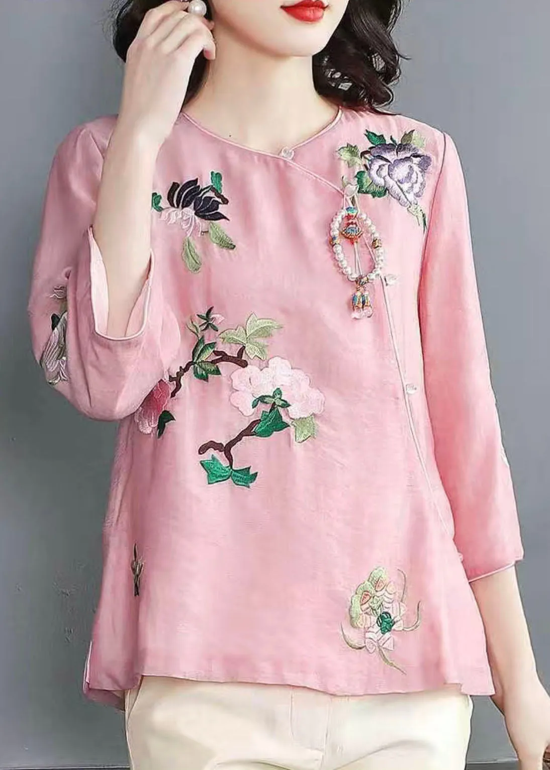 Chinese Style Pink Embroideried Patchwork Chiffon Tops Spring LY6906