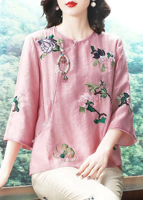 Chinese Style Pink Embroideried Patchwork Chiffon Tops Spring LY6906