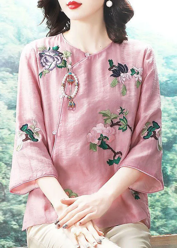 Chinese Style Pink Embroideried Patchwork Chiffon Tops Spring LY6906