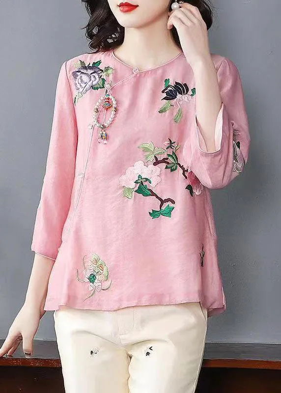 Chinese Style Pink Embroideried Patchwork Chiffon Tops Spring LY6906