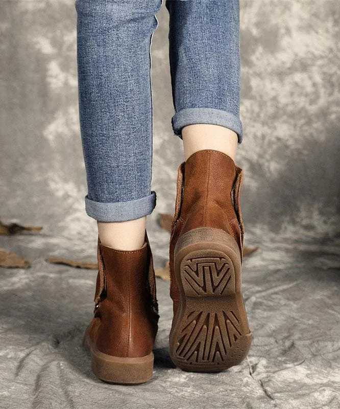 Chocolate zippered Casual  Boots Cowhide Leather