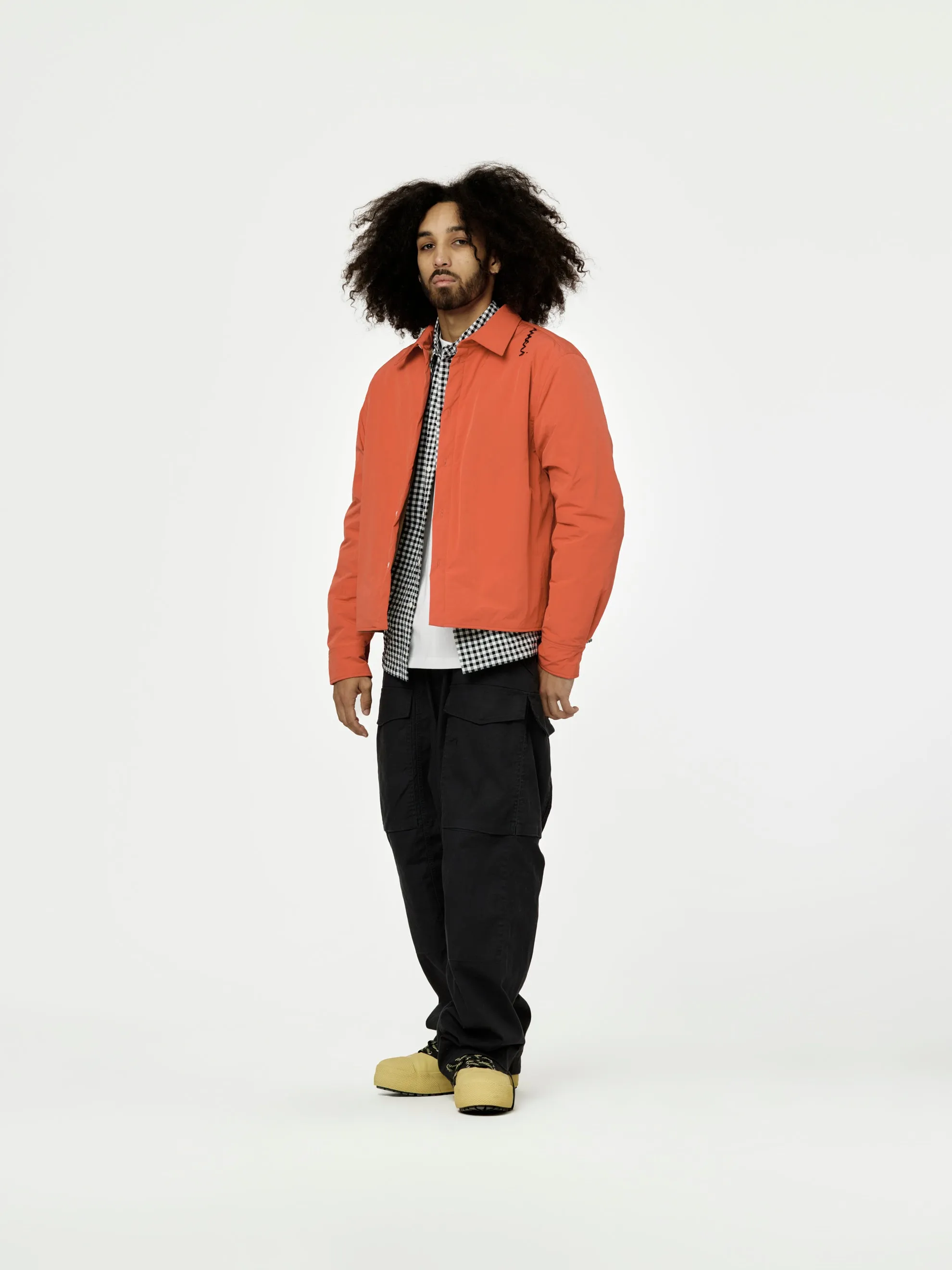 Crinkled Nylon Blend Padded Long-Sleeved Shirt (Crimson)