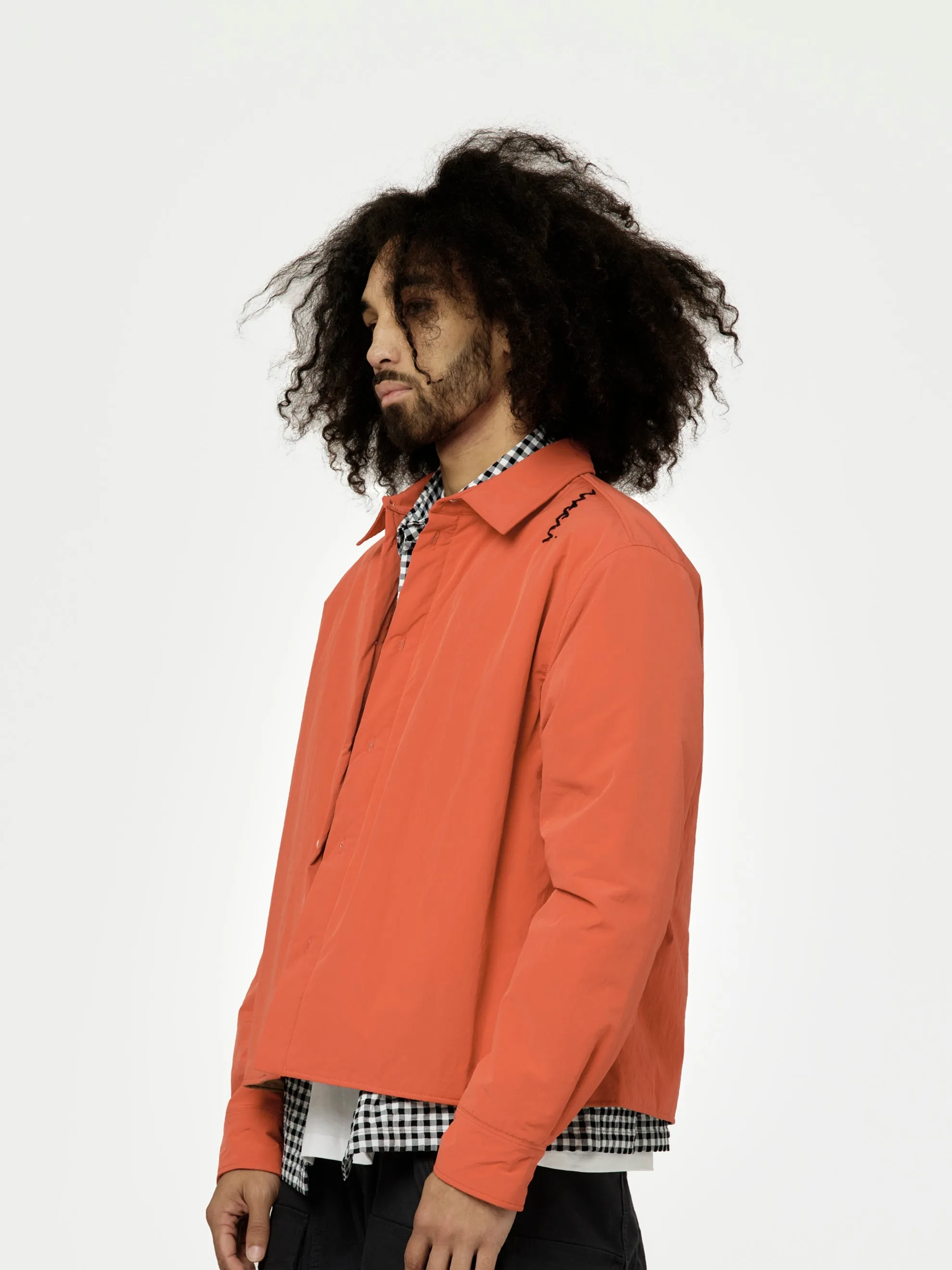 Crinkled Nylon Blend Padded Long-Sleeved Shirt (Crimson)