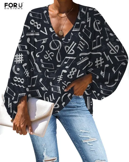 Custom Large Size Blouse Musical Notes Print Casual Loose Shirt Tops