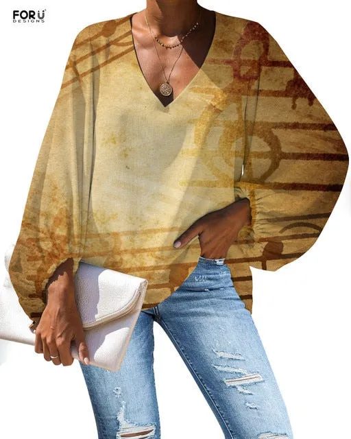 Custom Large Size Blouse Musical Notes Print Casual Loose Shirt Tops
