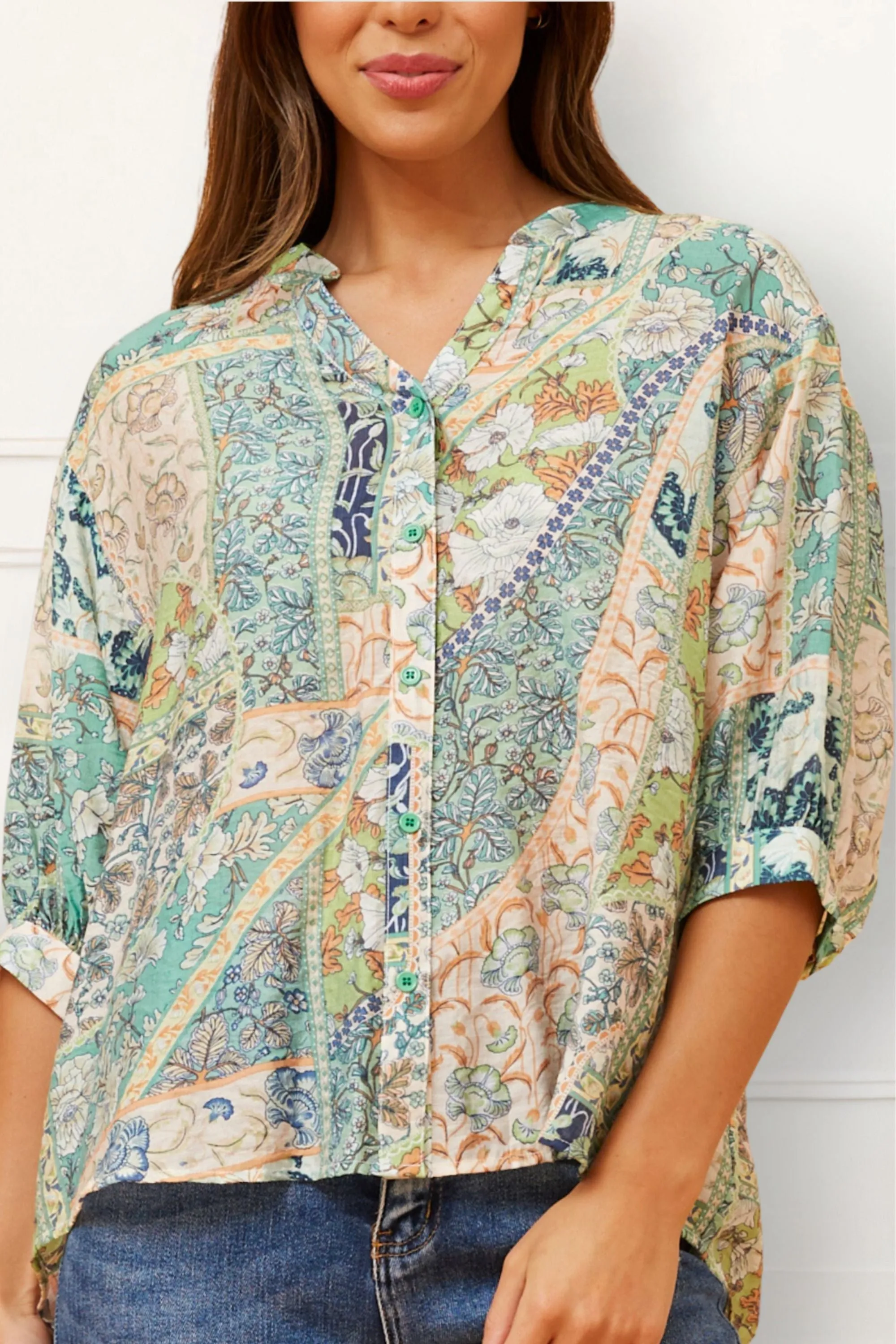 Daphne Boho Patchwork Blouse Button Down V-Neck Loose Fit Casual Chic