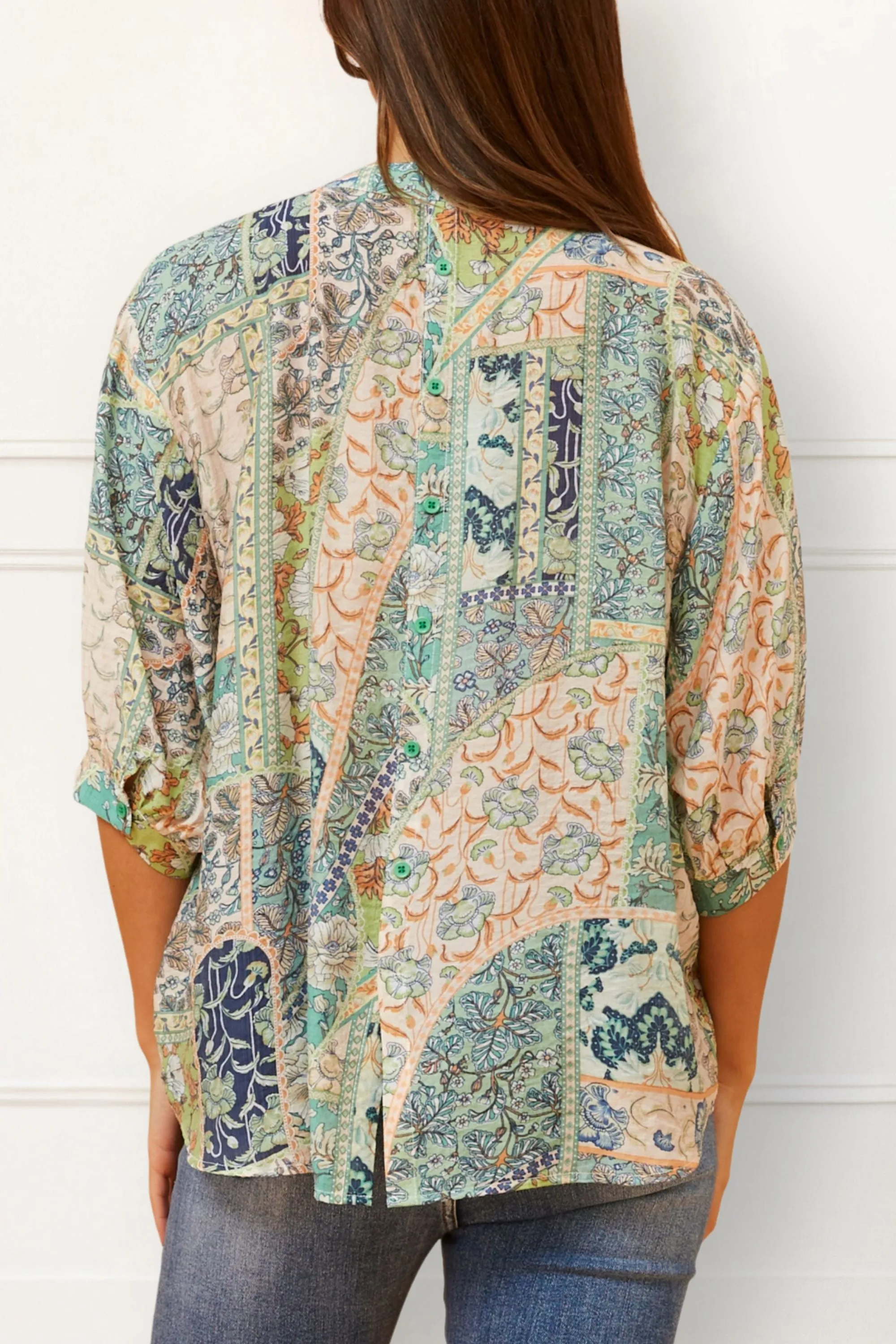 Daphne Boho Patchwork Blouse Button Down V-Neck Loose Fit Casual Chic
