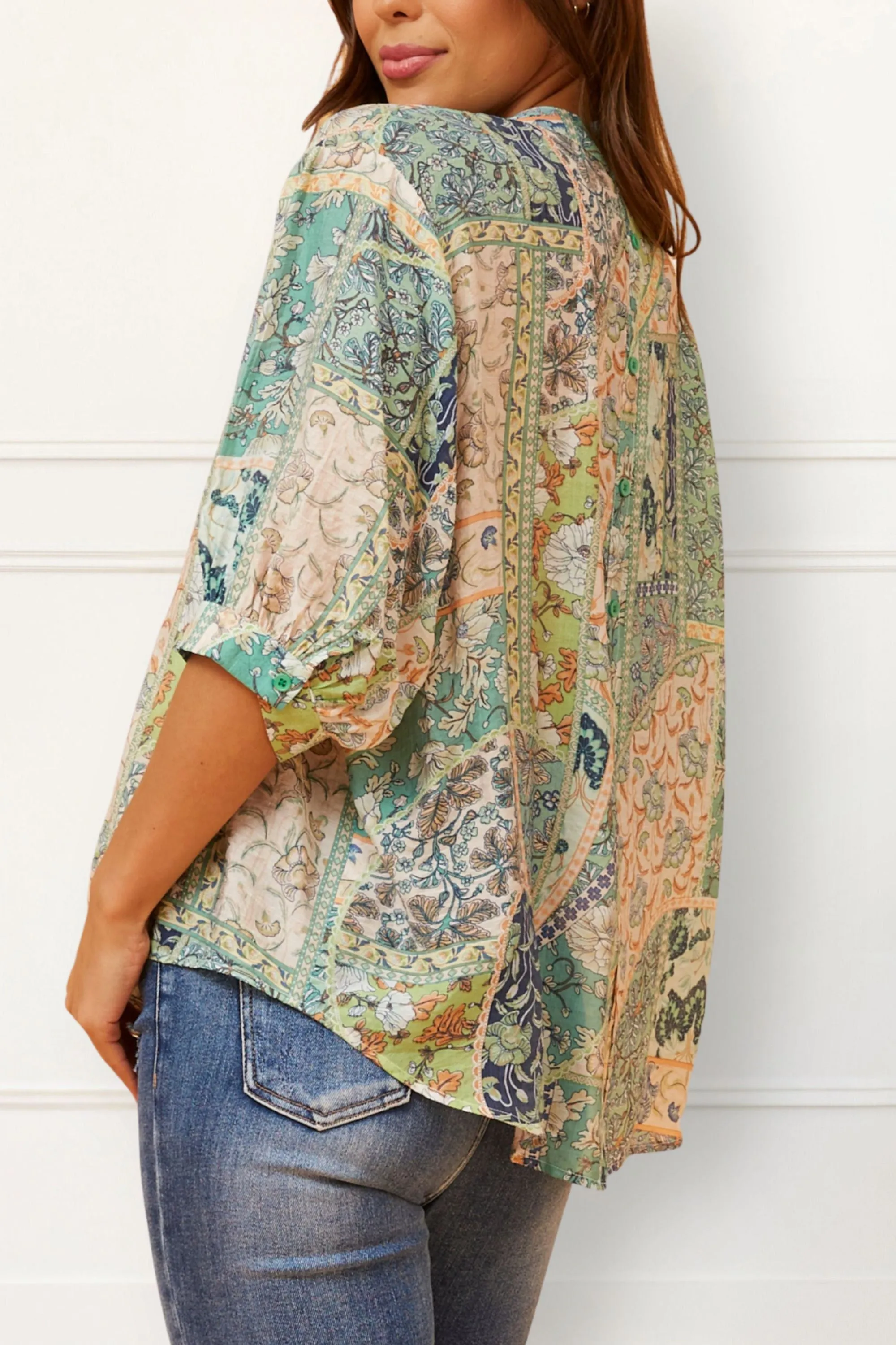 Daphne Boho Patchwork Blouse Button Down V-Neck Loose Fit Casual Chic