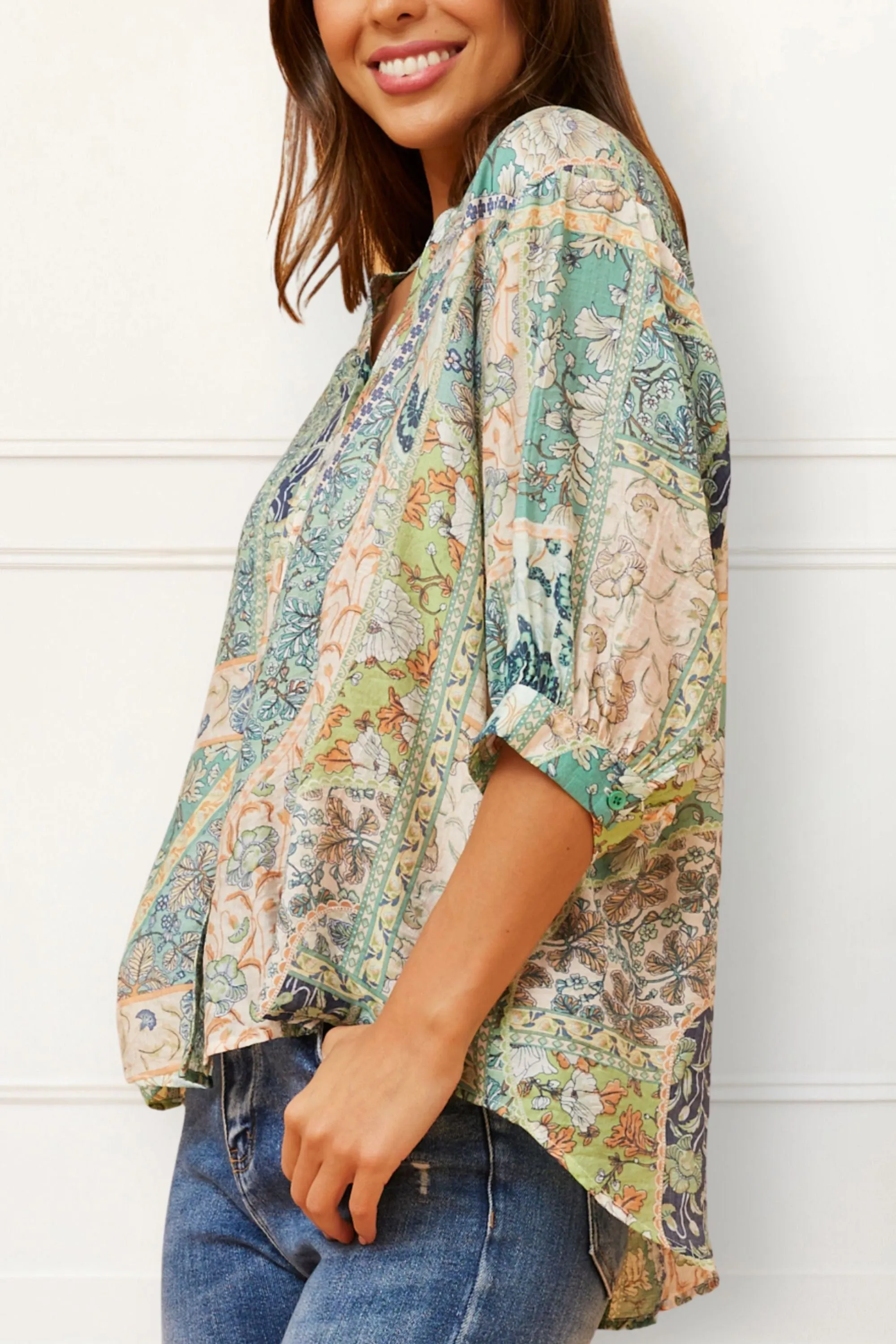 Daphne Boho Patchwork Blouse Button Down V-Neck Loose Fit Casual Chic