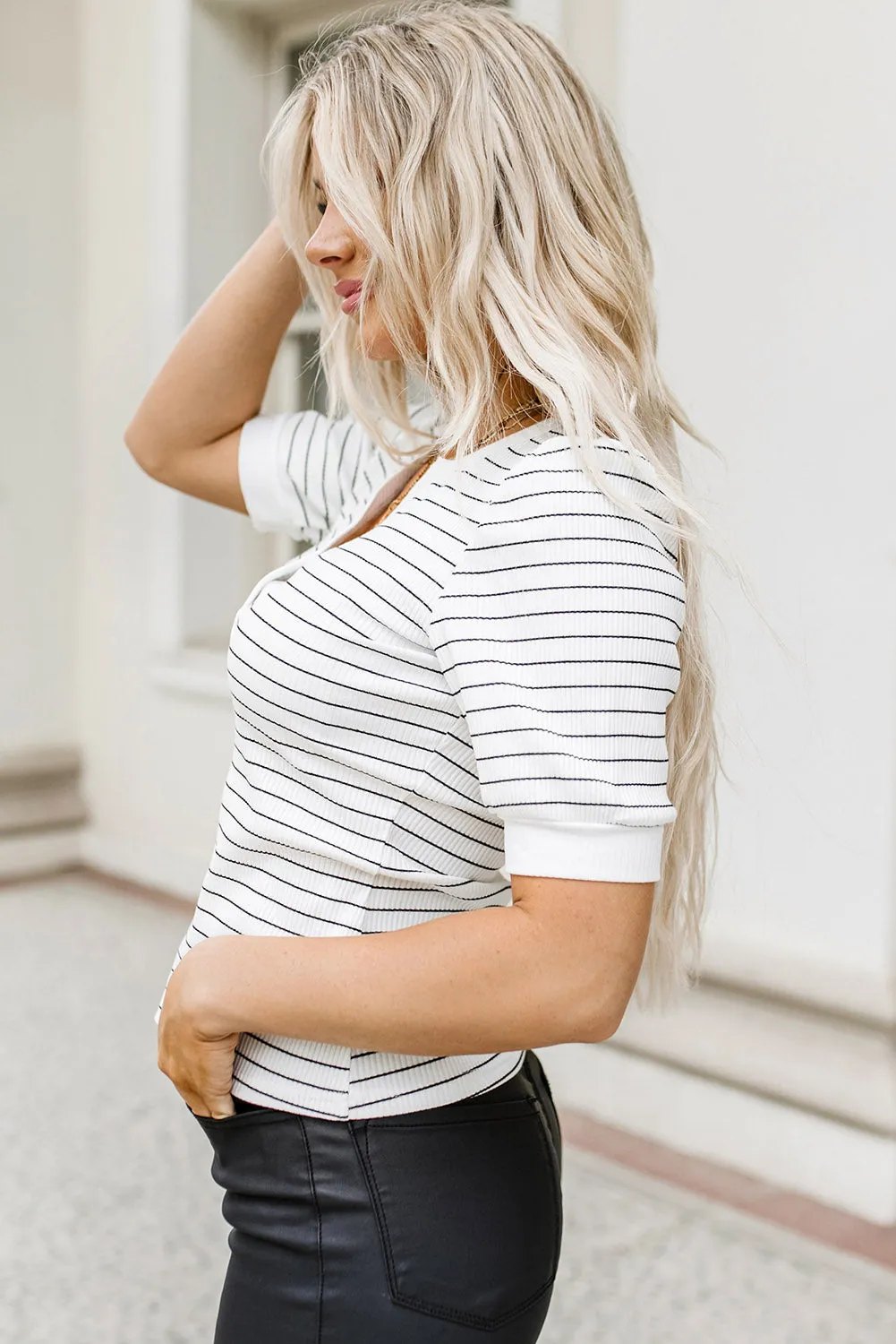 Dylan Striped Notch V Neck Short Sleeve Top