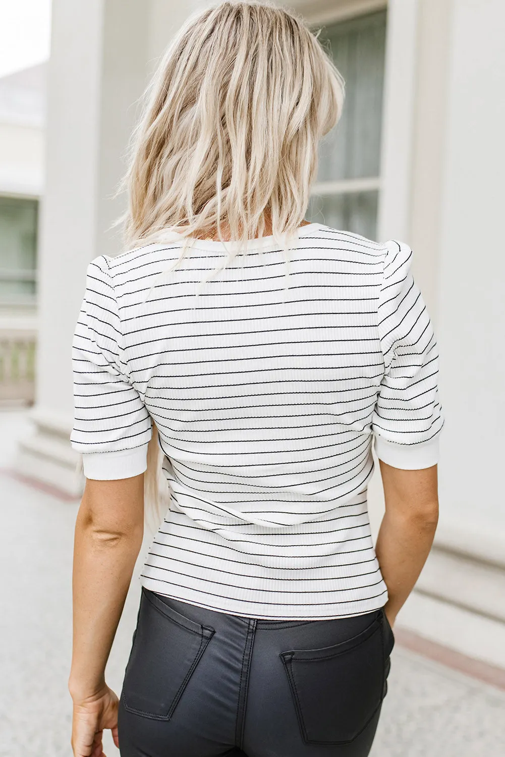 Dylan Striped Notch V Neck Short Sleeve Top
