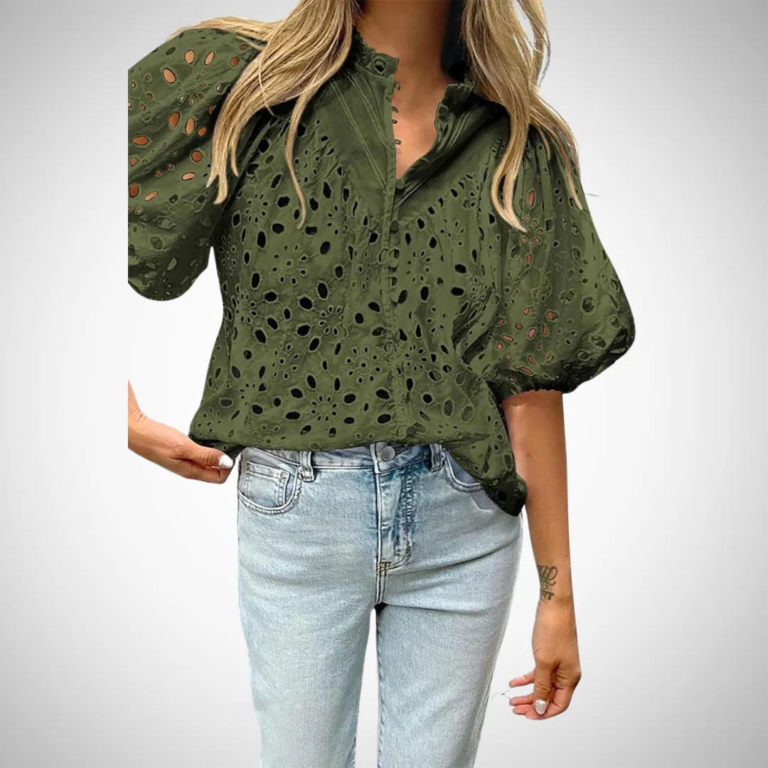 Elise Hollowed-Out Buckle Mandarin Collar Top