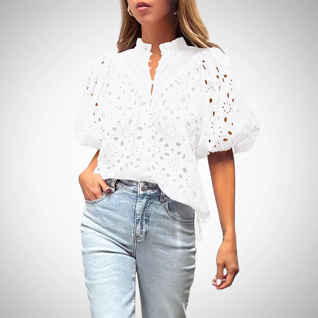 Elise Hollowed-Out Buckle Mandarin Collar Top