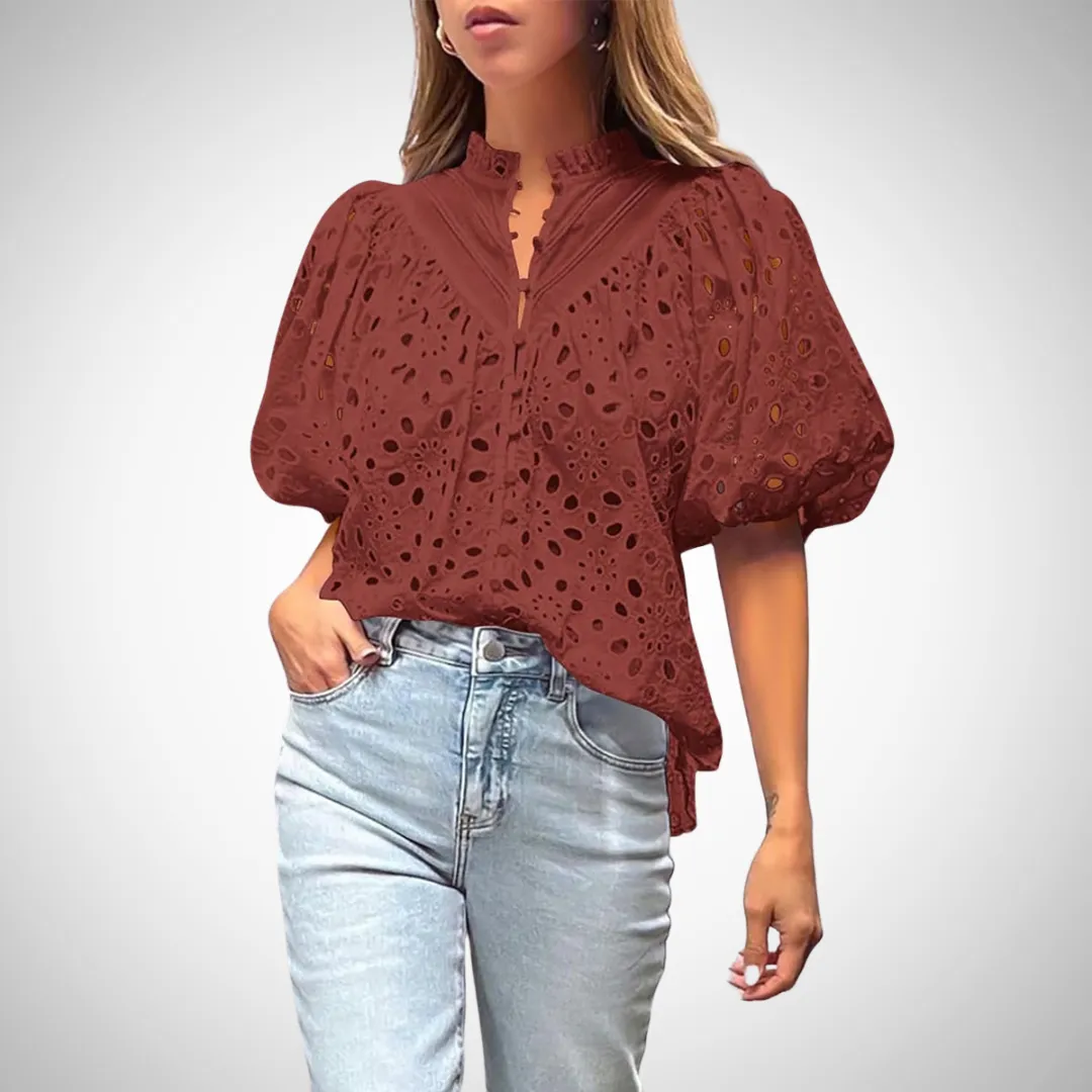 Elise Hollowed-Out Buckle Mandarin Collar Top