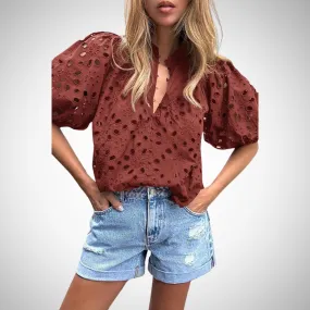 Elise Hollowed-Out Buckle Mandarin Collar Top