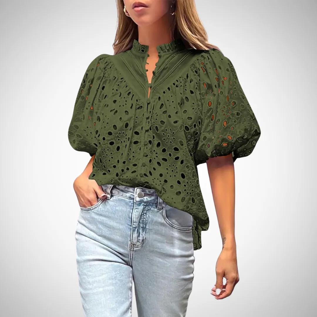 Elise Hollowed-Out Buckle Mandarin Collar Top