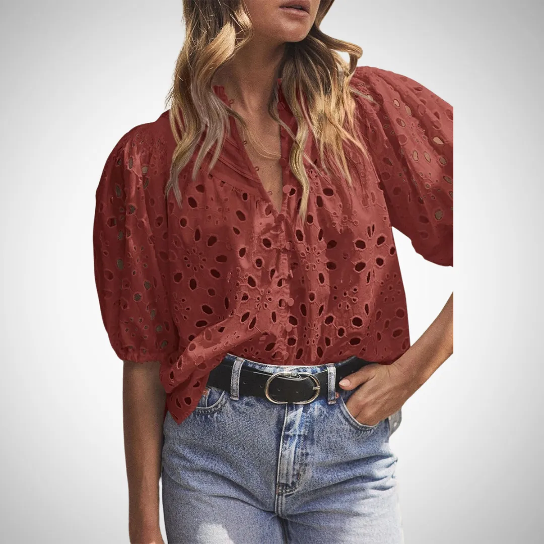Elise Hollowed-Out Buckle Mandarin Collar Top