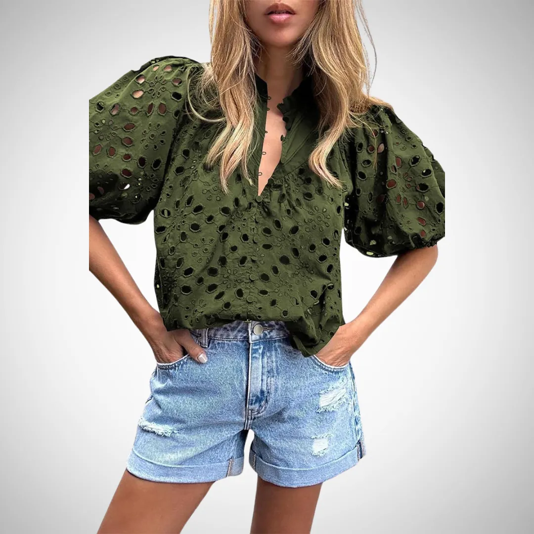 Elise Hollowed-Out Buckle Mandarin Collar Top