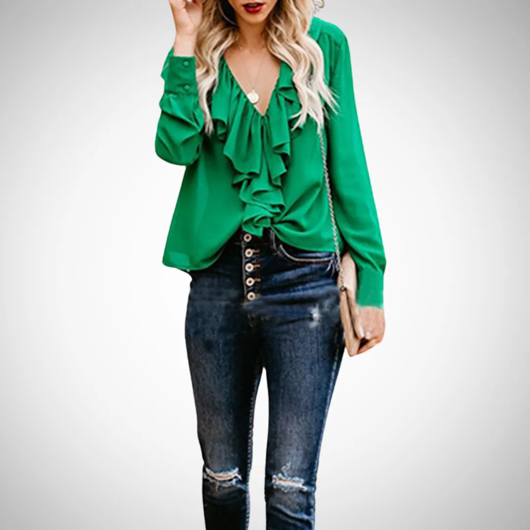 Evelyn Ruffled V-Neck Long Sleeve Top