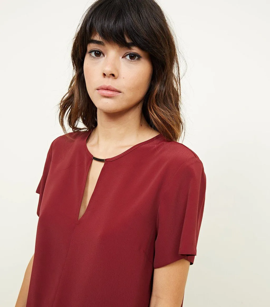 Ex Chainstore Burgundy Metal Trim Choker Neck Sleeveless Top