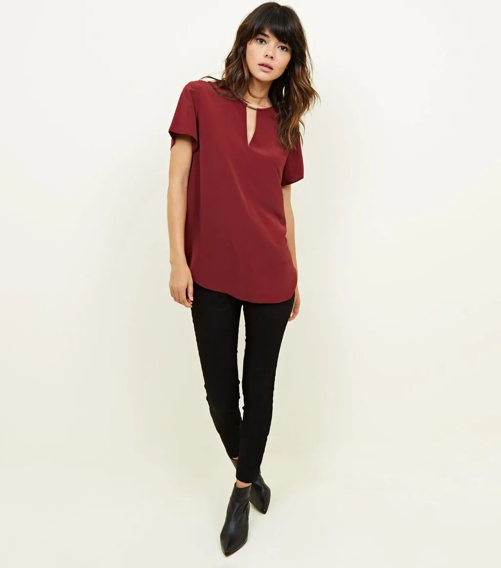 Ex Chainstore Burgundy Metal Trim Choker Neck Sleeveless Top