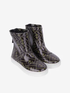 Fendi Kids Patent Brown FF Logo Boots