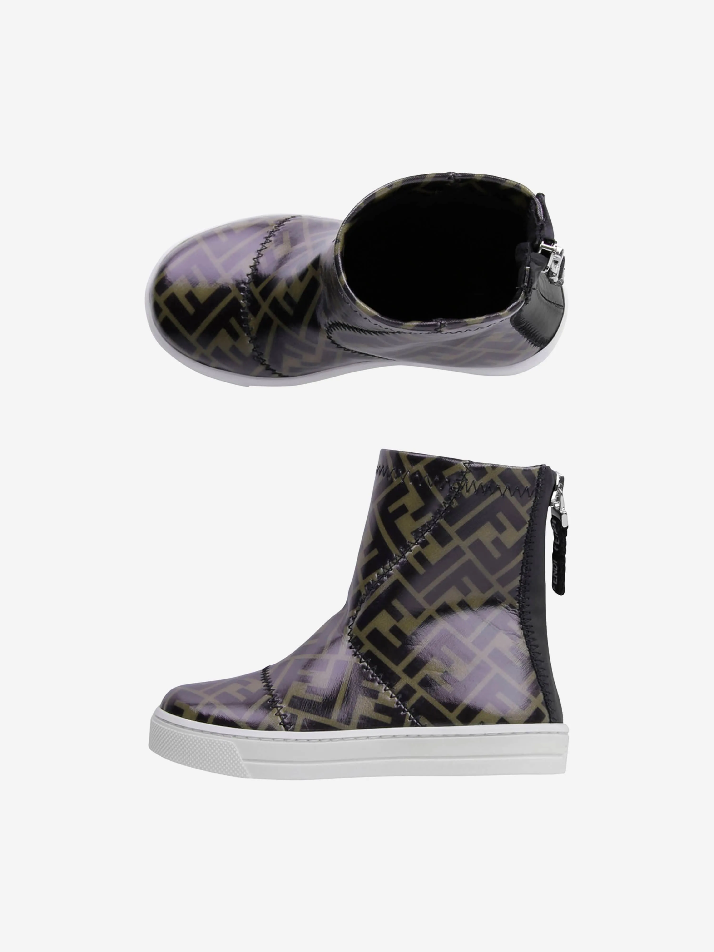 Fendi Kids Patent Brown FF Logo Boots
