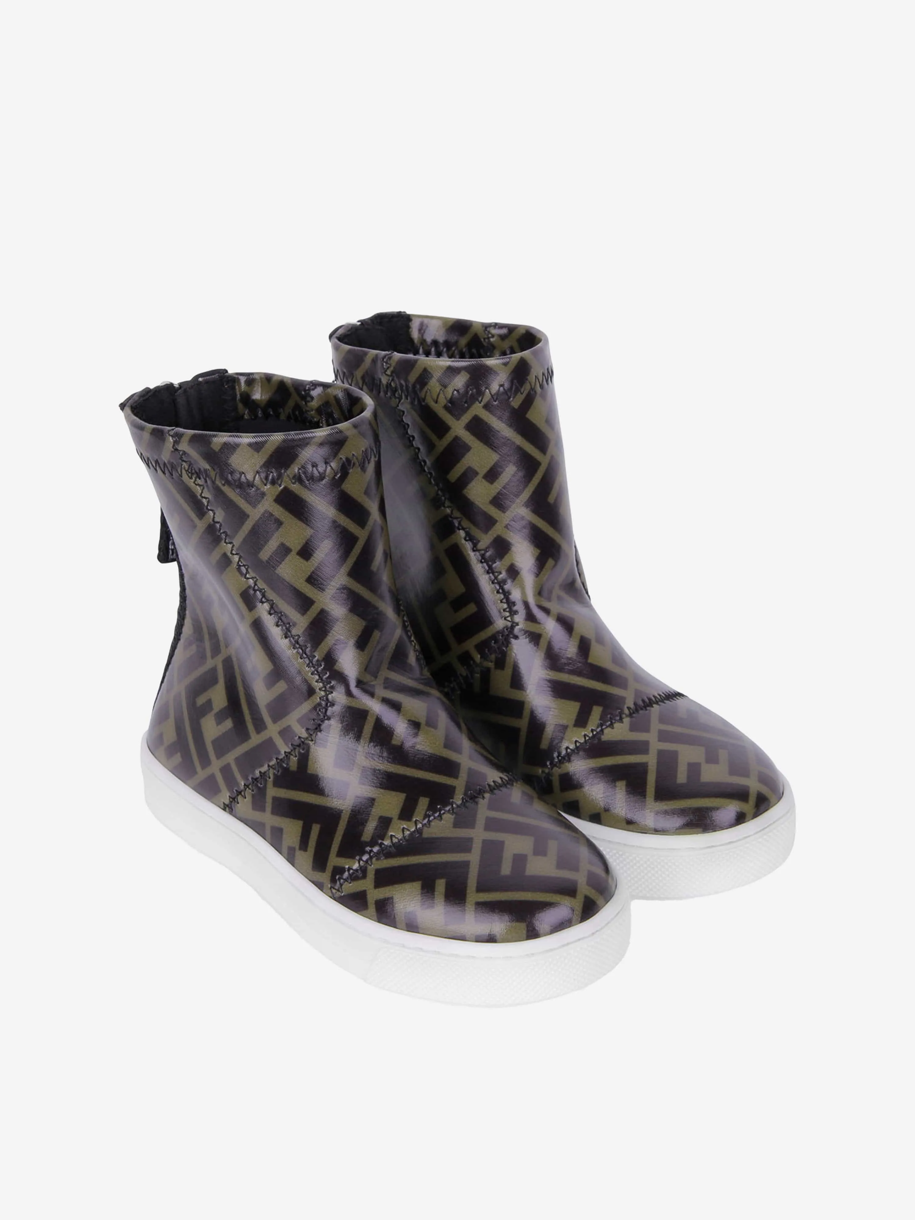 Fendi Kids Patent Brown FF Logo Boots