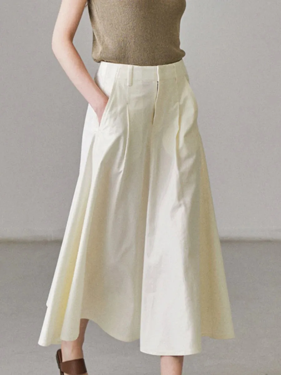 Girlary Pocket Solid Midi Skirts Summer Women High Waist Fashion Chic Simple Folds Folds Bottom Vintage Casual Office Lady Skirt