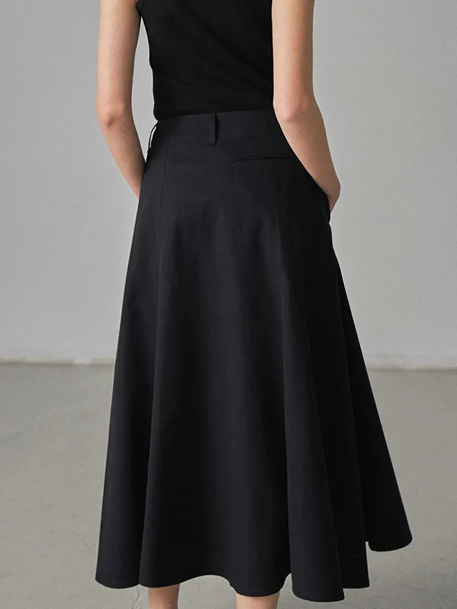 Girlary Pocket Solid Midi Skirts Summer Women High Waist Fashion Chic Simple Folds Folds Bottom Vintage Casual Office Lady Skirt