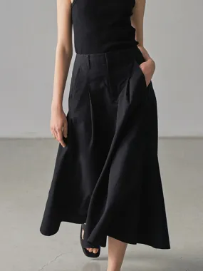 Girlary Pocket Solid Midi Skirts Summer Women High Waist Fashion Chic Simple Folds Folds Bottom Vintage Casual Office Lady Skirt