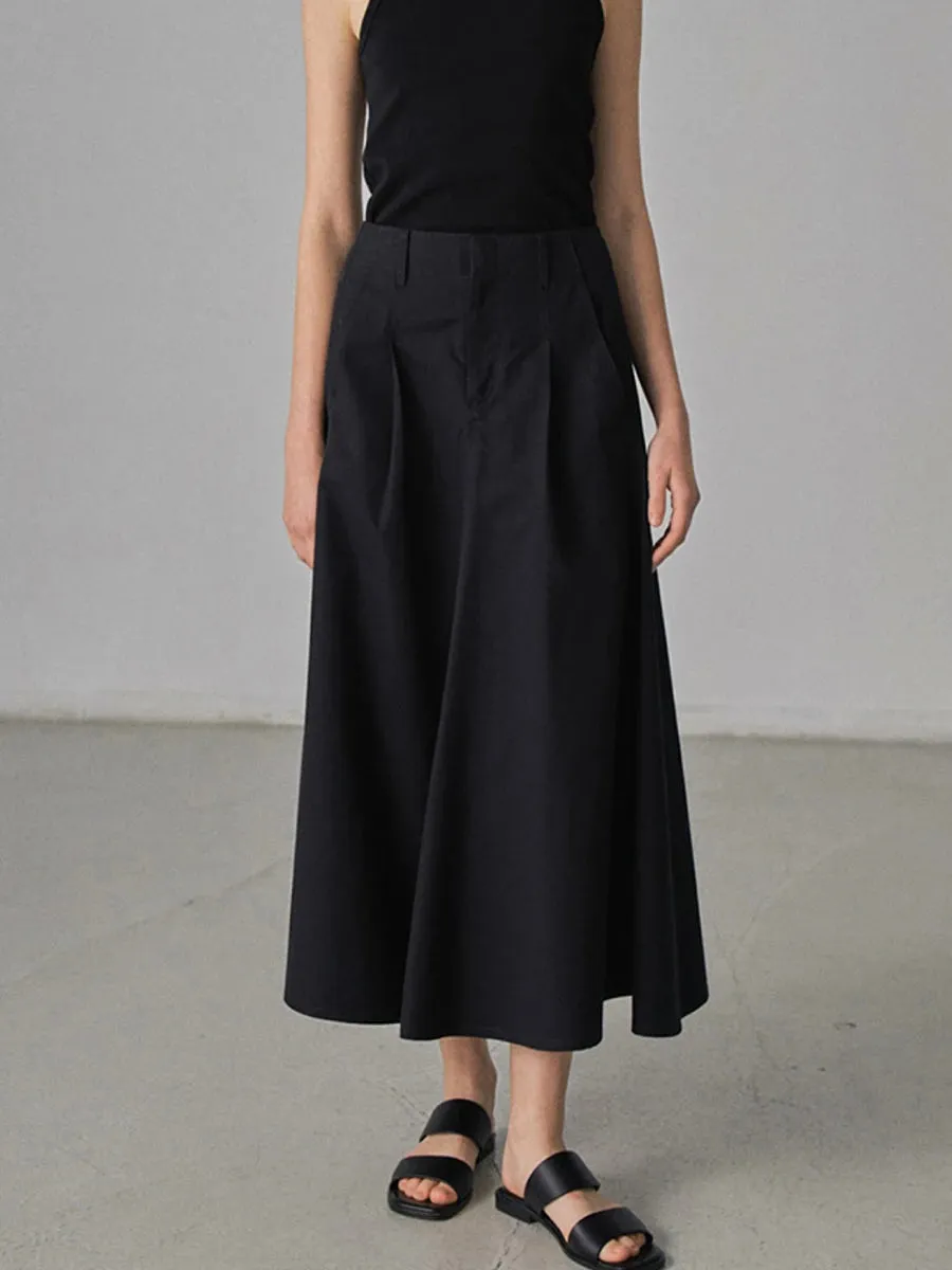 Girlary Pocket Solid Midi Skirts Summer Women High Waist Fashion Chic Simple Folds Folds Bottom Vintage Casual Office Lady Skirt