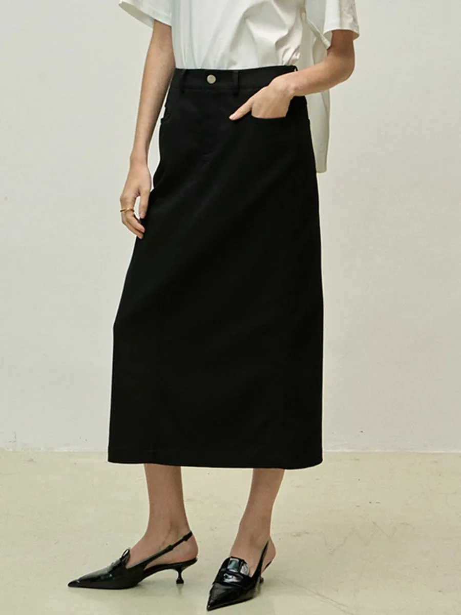 Girlary Pocket Solid Midi Skirts Summer Women High Waist Fashion Chic Simple Folds Folds Bottom Vintage Casual Office Lady Skirt