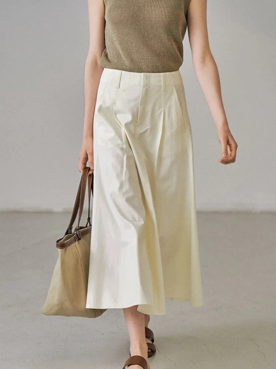 Girlary Pocket Solid Midi Skirts Summer Women High Waist Fashion Chic Simple Folds Folds Bottom Vintage Casual Office Lady Skirt