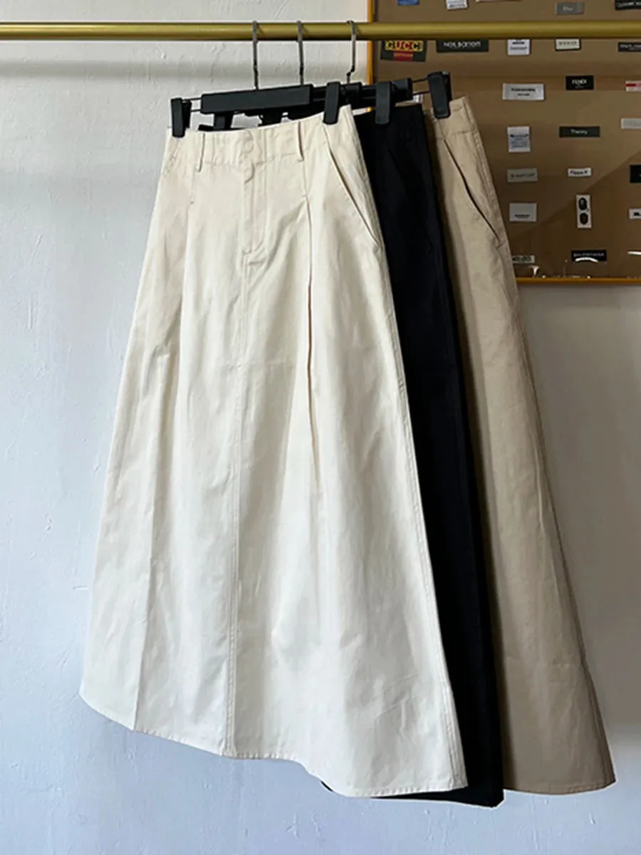 Girlary Pocket Solid Midi Skirts Summer Women High Waist Fashion Chic Simple Folds Folds Bottom Vintage Casual Office Lady Skirt